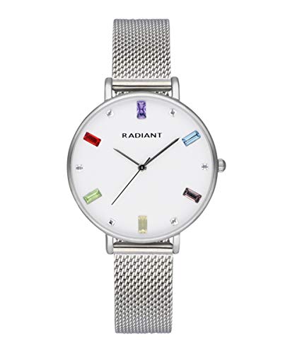 Reloj analógico para Mujer de Radiant. Colección Aliance. Reloj Plateado con Malla milanesa y Esfera Blanca con pedrería de Colores. 3ATM. 36mm. Referencia RA542601.