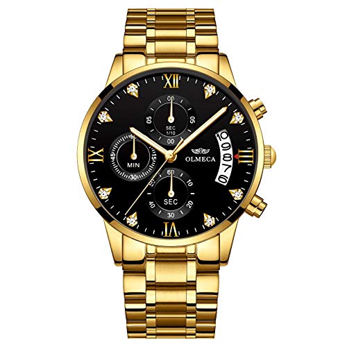 Relojes de hombre de lujo moda casual vestido cronógrafo impermeable militar cuarzo relojes de pulsera para hombres banda de acero inoxidable oro negro