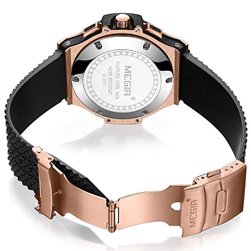 Relojes para Hombre Oro Rosa, Reloj Grandes esferas, Relojes Militar de Lujo de Silicona Negro con Calendario Reloj de Pulsera de Cuarzo para Hombres, Resistente al Agua