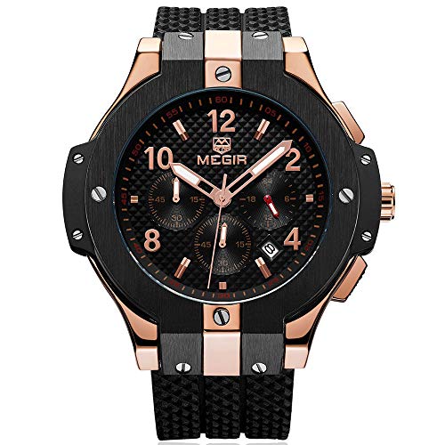 Relojes para Hombre Oro Rosa, Reloj Grandes esferas, Relojes Militar de Lujo de Silicona Negro con Calendario Reloj de Pulsera de Cuarzo para Hombres, Resistente al Agua