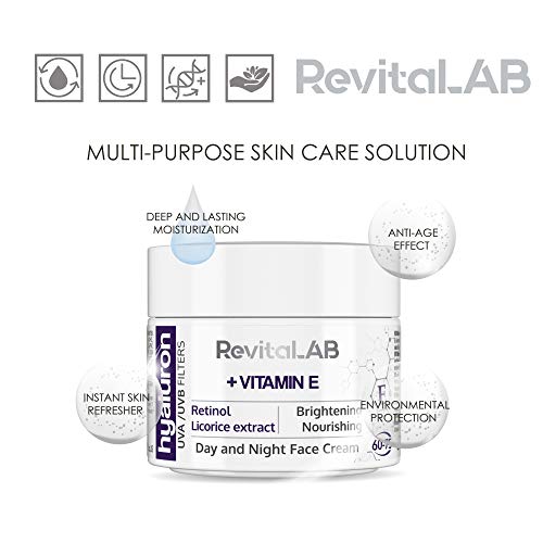 RevitaLAB - Crema antiarrugas de día y de noche enriquecida con vitamina A, vitamina E, extracto de raíz de regaliz, ácido hialurónico y filtros UV, franja de edad 60-75, 2x 50 ml (multipaquete)