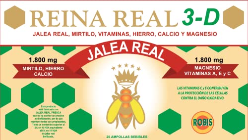 Robis Reina Real 3-D | Jalea Real Fresca | Energía y Vitalidad - Deportistas - Tercera Edad | Desgaste, dolores articulares, vejez, defensas | Mirtilo, Vitaminas | 20 Ampollas de 10ml