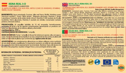 Robis Reina Real 3-D | Jalea Real Fresca | Energía y Vitalidad - Deportistas - Tercera Edad | Desgaste, dolores articulares, vejez, defensas | Mirtilo, Vitaminas | 20 Ampollas de 10ml