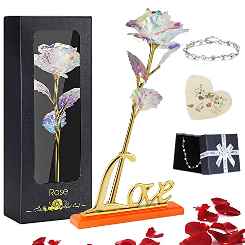 Rosa Eterna, Taumie Hoja de Oro 24K Rosa con Base y Tarjeta de Felicitación, Rosa Regalos Originales para Mujer con Caja de Regalo, para San Valentín, Día de la Madre, Aniversario etc