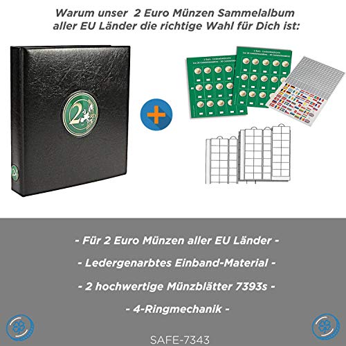 Safe 7343 Álbum de monedas premium seguro 7343 "2 euros universales" + 2 fundas de monedas 7393S con páginas preimpresas en color + juego de pegatinas Banderas - años