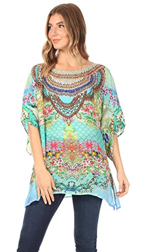 Sakkas 2009 - Túnica Superior de Blusa Boho con Estampado Boxy de Manga Corta Informal de Mujer Ella - 463 - OS