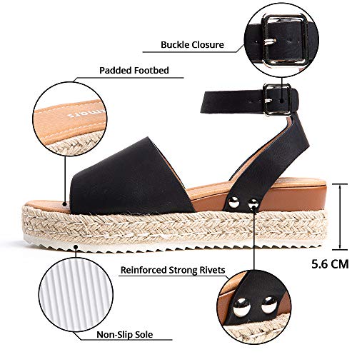 Sandalias Mujer Verano Plataforma Alpargatas Esparto Cuña Zapato Punta Abierta Hebilla Comodas Negro Talla 40 EU