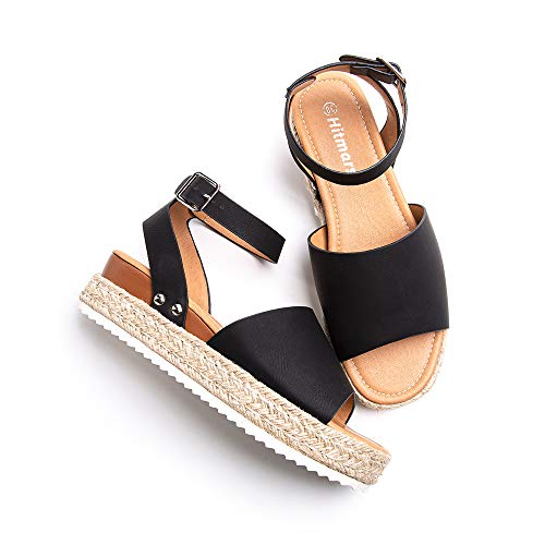 Sandalias Mujer Verano Plataforma Alpargatas Esparto Cuña Zapato Punta Abierta Hebilla Comodas Negro Talla 40 EU