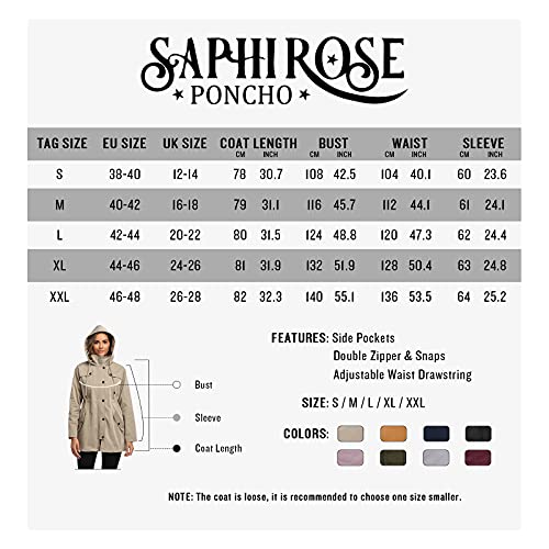 SaphiRose PONCHO Chaqueta de Lluvia Largo para Mujer Encapuchado Chubasquero Impermeable Al Aire Libre Caqui XL