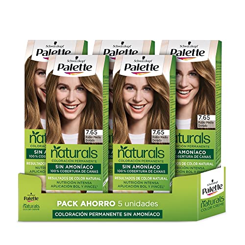 Schwarzkopf Palette Naturals - Tinte 7.65 Rubio Medio Dorado - Coloración Permanente Sin Amoníaco- Resultados de Color Natural (Pack de 5)