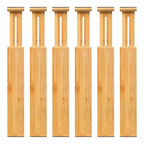 Separadores de cajones ajustables de bambú – Separadores de organización de cajones expandibles para cocina, aparador, dormitorio, baño y oficina, paquete de 6 (12.25-17.25 pulgadas)