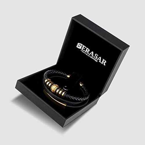 SERASAR Pulsera Cuero Hombre Oro 17cm Dorado Hombre Chico Pulseras Hombres Brazalete Brazaletes Pulso Muñequera Muñequeras Bisuteria Joyeria Nudos Cuerda Leather Bracelet Jewellery Bandera España