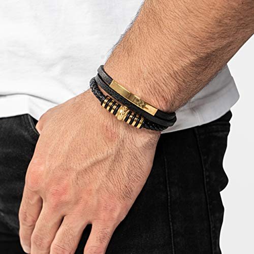 SERASAR Pulsera Cuero Hombre Oro 17cm Dorado Hombre Chico Pulseras Hombres Brazalete Brazaletes Pulso Muñequera Muñequeras Bisuteria Joyeria Nudos Cuerda Leather Bracelet Jewellery Bandera España