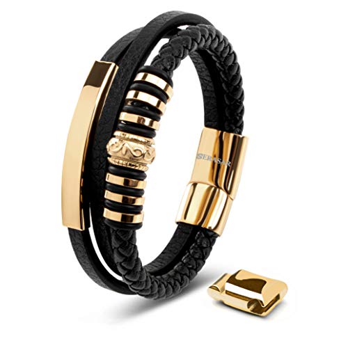 SERASAR Pulsera Cuero Hombre Oro 17cm Dorado Hombre Chico Pulseras Hombres Brazalete Brazaletes Pulso Muñequera Muñequeras Bisuteria Joyeria Nudos Cuerda Leather Bracelet Jewellery Bandera España