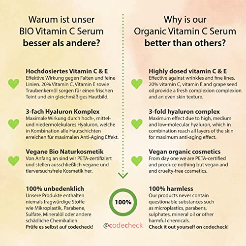 Serum de Vitamina C con Acido Hialuronico 50ml, puro orgánico y vegano - altamente dosificado con un 20% de vitamina C - gel antienvejecimiento con aceite de semilla de uva nutritivo y aloe vera