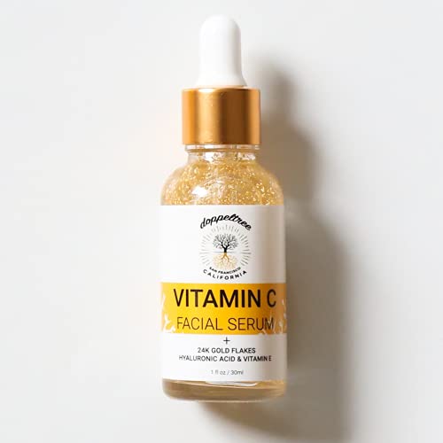 Serum Vitamina C, Suero Facial Vegano de orgánica con oro de 24 quilates, ácido hialurónico - Tratamiento puntos negros, antienvejecimiento, cicatrices de acné - Formulado en San Francisco