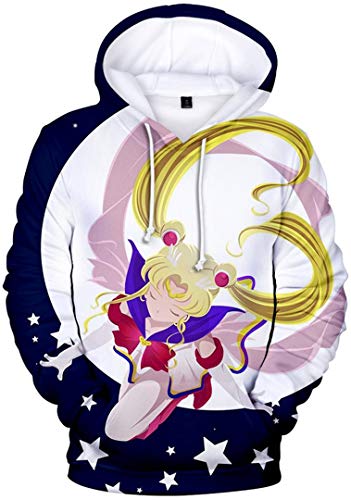 Silver Basic Sudadera con Capucha de Sailor Moon para Hombre,Sudadera con Capucha Deportiva para Fanáticos del Anime Japonés, Jersey de Sailor Moon XS,77Estrellas Blanca-1