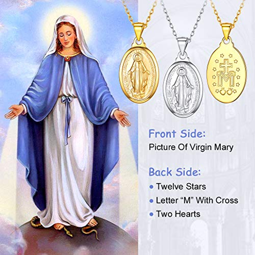 Silvora Medalla Plata Cruz Virgen Milagrosa Guadalupe y Cadena Plata de Ley 925 Virgen del Pilar Medalla de Plata para Hombre Mujer