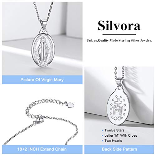 Silvora Medalla Plata Cruz Virgen Milagrosa Guadalupe y Cadena Plata de Ley 925 Virgen del Pilar Medalla de Plata para Hombre Mujer