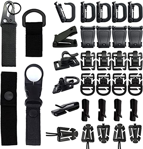 Simorce 34 Piezas Molle Accesorios multifunción Tactical Bag Clip Molle mosquetón, Correas Molle Keychain Clip Molle Strap Attachments para Mochilas tácticas (Negro) (34negro)