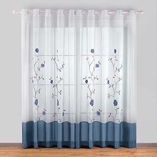 SIMPVALE 2 Piezas Cortinas Visillos Bordado Floral Translucida de Dormitorio Moderno Ventana Cortina Paneles con Ojales para Balcon, Salón, Habitación y Cámara, 140x245cm, Azúl