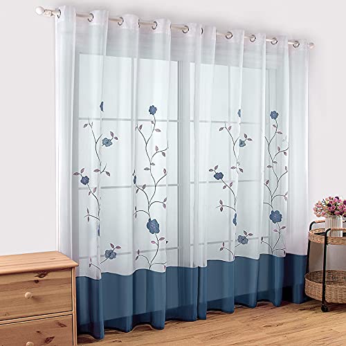 SIMPVALE 2 Piezas Cortinas Visillos Bordado Floral Translucida de Dormitorio Moderno Ventana Cortina Paneles con Ojales para Balcon, Salón, Habitación y Cámara, 140x245cm, Azúl