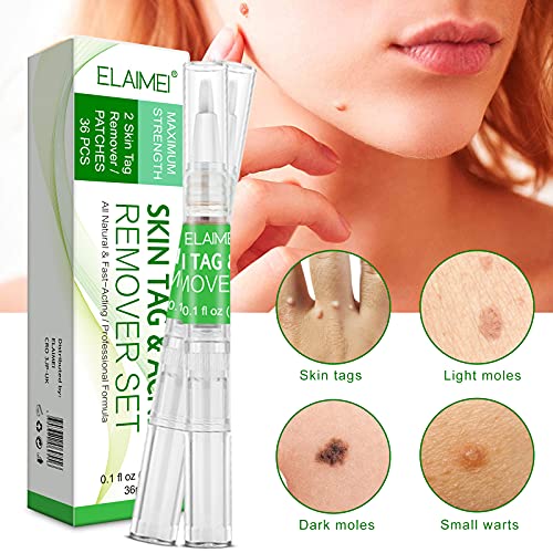 Skin Tag Remover, Pluma Líquida para Eliminar Verrugas, Skin Tag Remover Patch, Mole Removal, Remover Verrugas Eliminar, para la Cara, el Cuerpo (2 Bolígrafos, 36 Piezas)