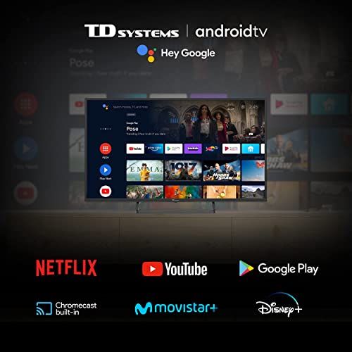 Smart TV Hey Google Official Assistant - Televisores 40 Pulgadas 4K HDR10, Control por Voz, Chromecast, 3X HDMI, 2X USB. 3 años de garantía - TD Systems K40DLX14GLE