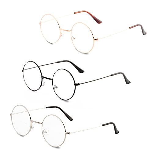 Smartooll Gafas Redondas de Metal Retro, 3 Pares de Gafas Unisex, Gafas Clásicas Clásicas con Lentes Transparentes, para Hombres y Mujeres Unisex (Negro, Dorado, Plateado)