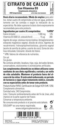 Solgar Citrato de Calcio con Vitamina D3 Comprimidos - Envase de 240