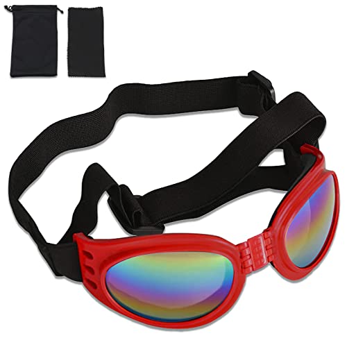 SONERNT Gafas de Sol para Perros con protección UV, Gafas de Perro con Cabeza Ajustable y Correas de Barbilla, protección contra el Desgaste de los Ojos para Perros medianos y Grandes (Rojo)