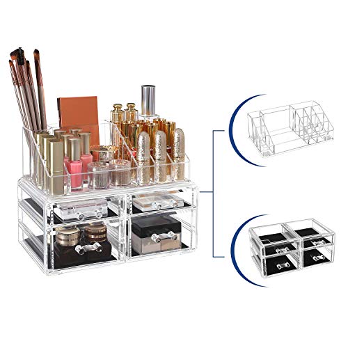 SONGMICS 2 en 1 Organizador para cosméticos, Caja Maquillaje, 4 Cajones, Acrílico, Transparente 24 x 13,5 x 18,5 cm