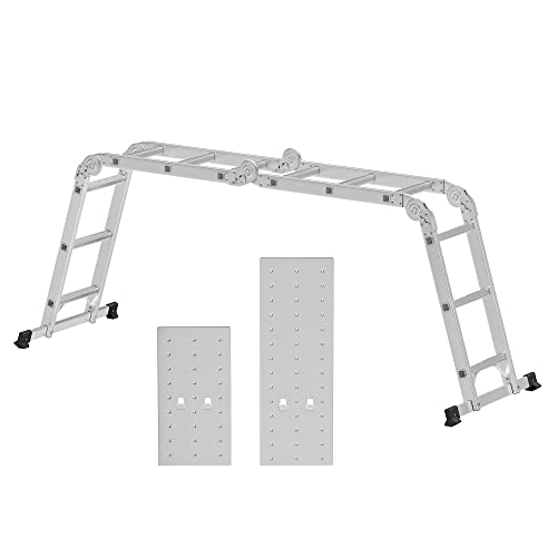 SONGMICS Escalera de Aluminio Multifuncional de 3,5 m, con 2 Placas Metálicas, Escalera Plegable, Carga de 150 kg, Cumple la Norma EN 131, Probada por SGS, Plata GLT36M