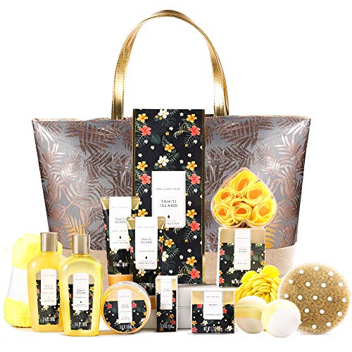 Spa Luxetique Set de Spa para Mujer, Set de Baño para el Hogar,Cesta de Regalo con 15 Piezas, Set de Regalo a Fragancia Tahití, Incluye Baño de Burbujas, Aceite Esencial, Regalos Originales para Mujer