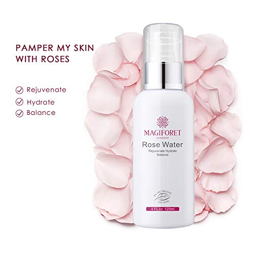 Spray de agua de Rosas MagiForet, Tónico en Espray 120 ml,Hidrosol de Rosas Destilado 100% Ecológico de Calidad Terapéutica para Rostro Cabello Acné, en Pulverizador Facial sin Alcohol con Mascarilla