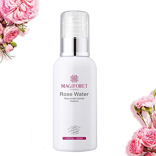 Spray de agua de Rosas MagiForet, Tónico en Espray 120 ml,Hidrosol de Rosas Destilado 100% Ecológico de Calidad Terapéutica para Rostro Cabello Acné, en Pulverizador Facial sin Alcohol con Mascarilla