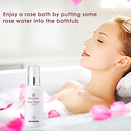 Spray de agua de Rosas MagiForet, Tónico en Espray 120 ml,Hidrosol de Rosas Destilado 100% Ecológico de Calidad Terapéutica para Rostro Cabello Acné, en Pulverizador Facial sin Alcohol con Mascarilla