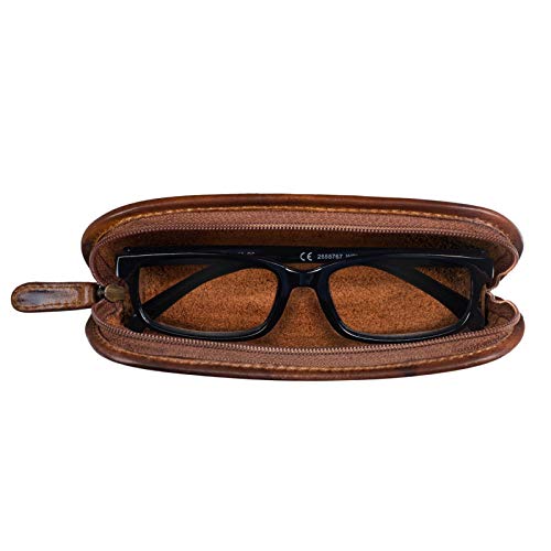 STILORD 'Glasgow' Estuche de Gafas Cuero Funda de Gafas del Sol Bolsa Vintage con Cremallera para Almanecer y Proteger Las Gafas Llaves y Lápices, Color:Kara - Cognac