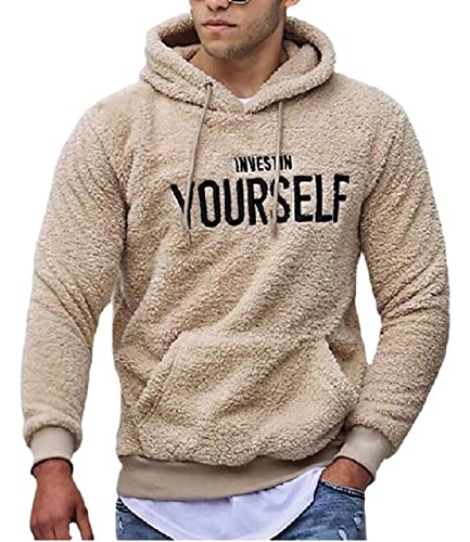 Sudaderas con Capucha Cálidas y Esponjosas Peludas para Hombre Otoño Invierno Nuevas Letras Bordadas Sudadera con Capucha De Manga Larga Caqui 3XL