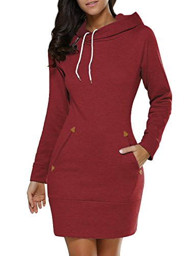 Sudaderas con Capucha Largas Mujer Sudaderas Chica Jerseys Vestido Sudadera Larga Deportivas Camisetas de Manga Larga Dama Pullover Oversize Top Bonitas Femeninas Otoño Invierno Rouge L