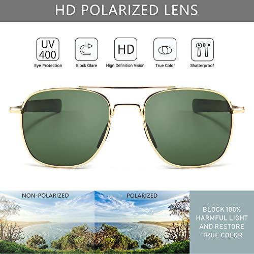 SUNGAIT Gafas de Sol Estilo Militar para Hombre Polarizadas Lentes con Marco de Metal(Oro/Verde)-SGT285