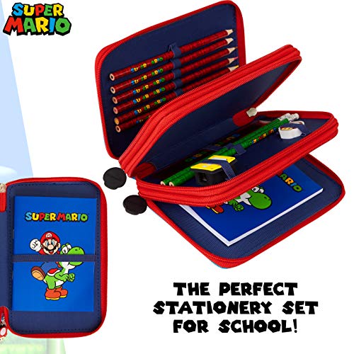 Super Mario Estuche Escolar, Incluye Material Escolar, Estuche Escolar 3 Compartimentos con Lapices de Colores Cuaderno Goma de Borrar, Regalos Para Niños