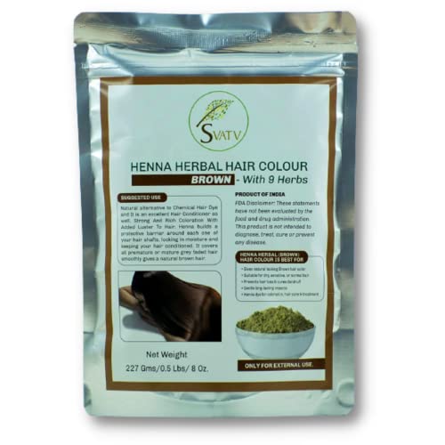 SVATV Henna Color de cabello Marrón con 9 Hierbas II Cabello Mehndi, Color de cabello natural II 227g, 0.5 lb, 08 oz