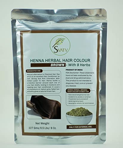 SVATV Henna Color de cabello Marrón con 9 Hierbas II Cabello Mehndi, Color de cabello natural II 227g, 0.5 lb, 08 oz