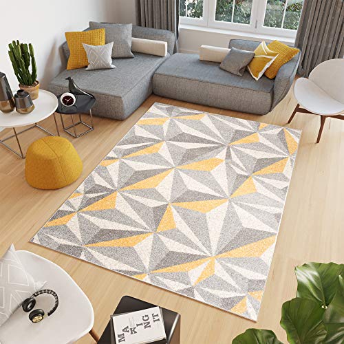 TAPISO Cosmo Alfombra de Salón Comedor Juvenil Diseño Moderno Amarillo Gris Crema Geométrico Mosaico Suave 140 x 200 cm