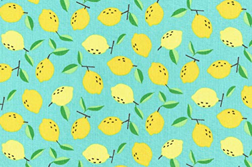 Textiles français Tela de algodón Estampada - Limones Jugosos - limón, verde hoja y marrón sobre un fondo turquesa tropical - 100% algodón Suave | Ancho: 160 cm (por Metro Lineal)*