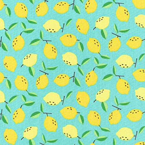 Textiles français Tela de algodón Estampada - Limones Jugosos - limón, verde hoja y marrón sobre un fondo turquesa tropical - 100% algodón Suave | Ancho: 160 cm (por Metro Lineal)*