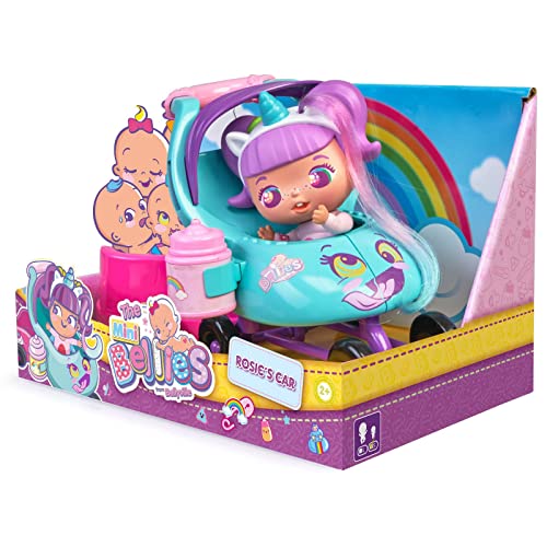 The Bellies from Bellyville - Mini Rosie´s Car, Coche de Juguete para los muñecos Mini Bellies, Incluye Pegatinas, biberón y una Mini Rosie Rainbow, Tiene Hueco para 3 muñecas, Famosa (700017071)