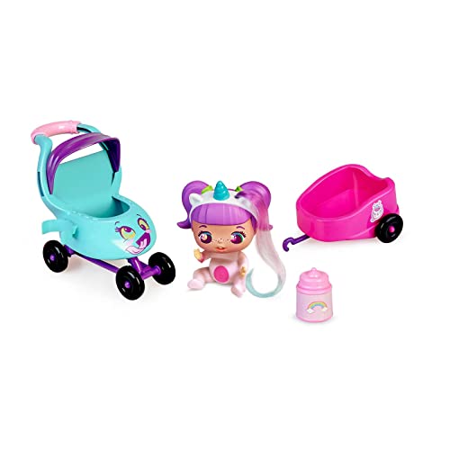 The Bellies from Bellyville - Mini Rosie´s Car, Coche de Juguete para los muñecos Mini Bellies, Incluye Pegatinas, biberón y una Mini Rosie Rainbow, Tiene Hueco para 3 muñecas, Famosa (700017071)