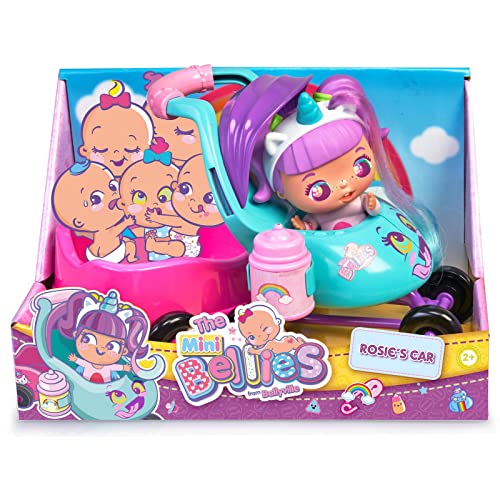 The Bellies from Bellyville - Mini Rosie´s Car, Coche de Juguete para los muñecos Mini Bellies, Incluye Pegatinas, biberón y una Mini Rosie Rainbow, Tiene Hueco para 3 muñecas, Famosa (700017071)